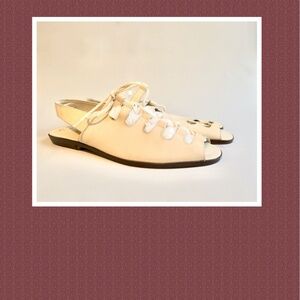 Vintage 70s White Cream Leather Gladiator Flat Heel Sandal Cloth Lace 9.5 10